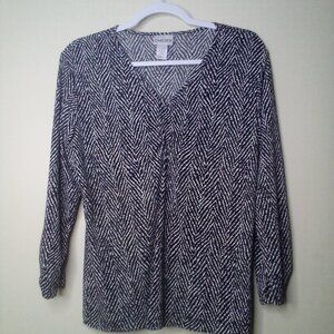 Chico's Blouse Shirt Women 1 M 3/4 Sleeve Soft Stretch Pattern Black White